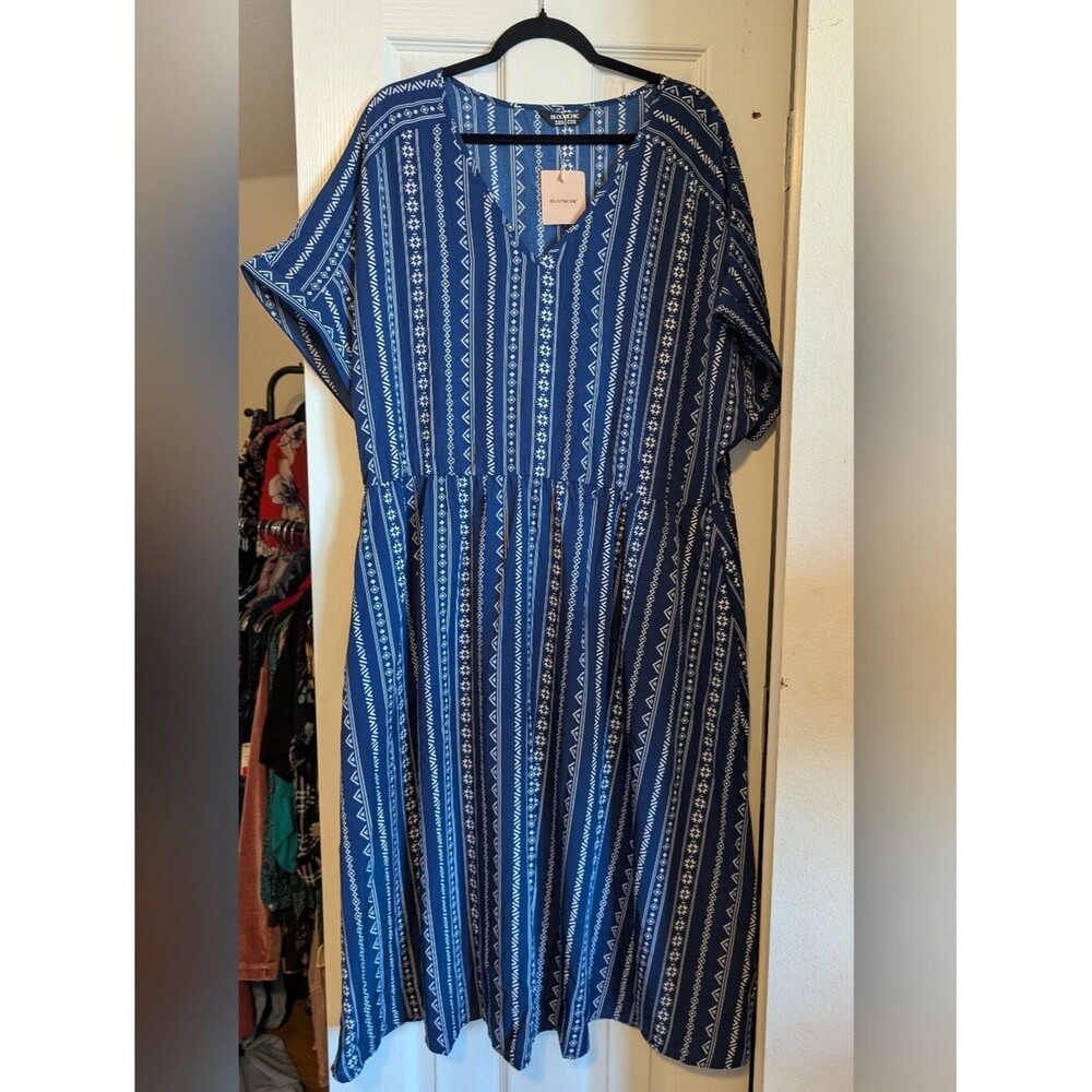BloomChic Blue Bandana Geometric Print Midi Dress Pockets Size 22 24 NWT